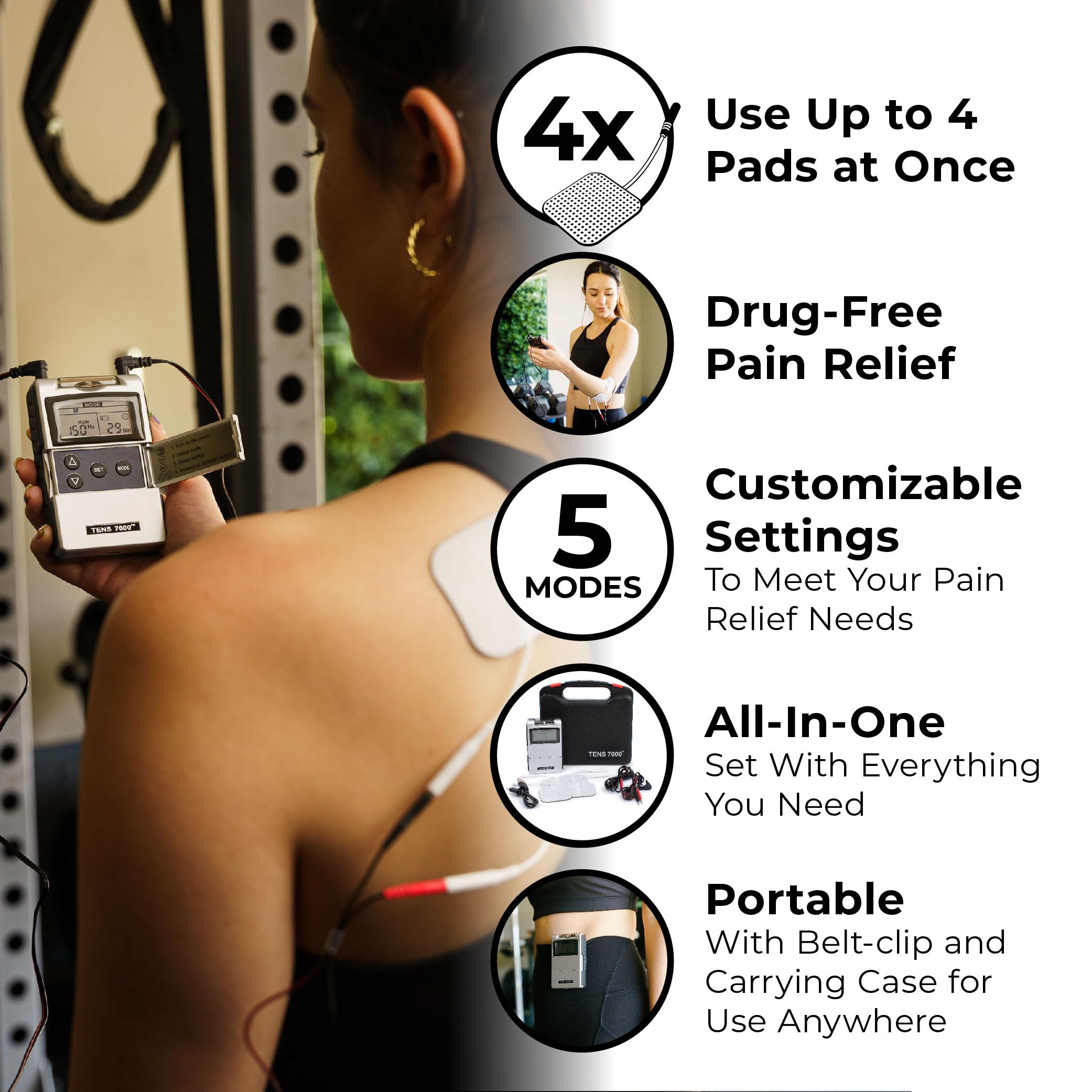 TENS 7000 wearable on shoulder demonstrating therapy session use