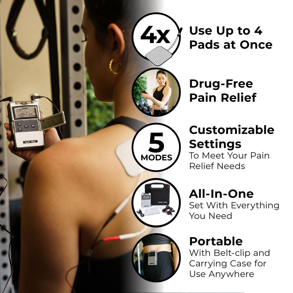 TENS 7000 wearable on shoulder demonstrating therapy session use