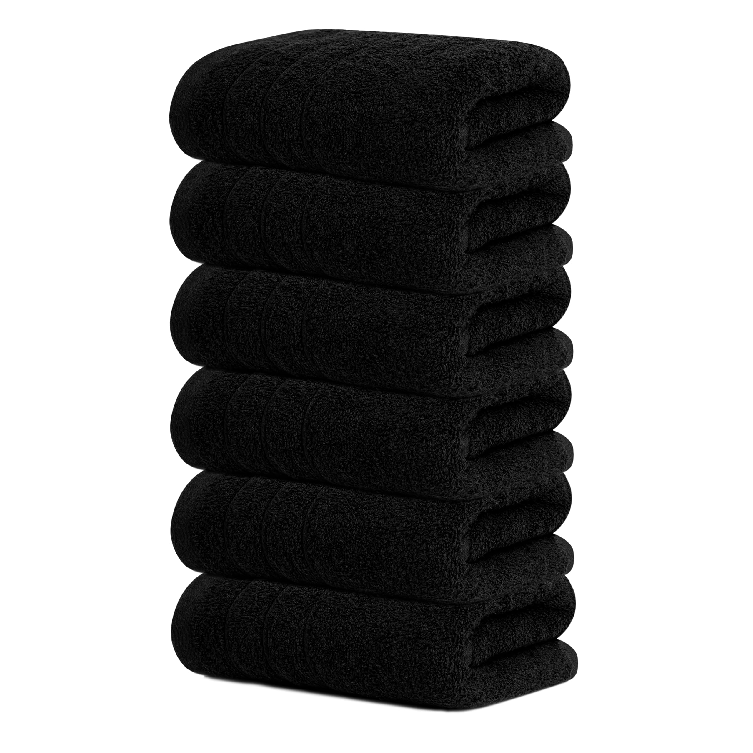Tens Towels pack of 6 hand towels flatlay in black for everyday bathroom use.