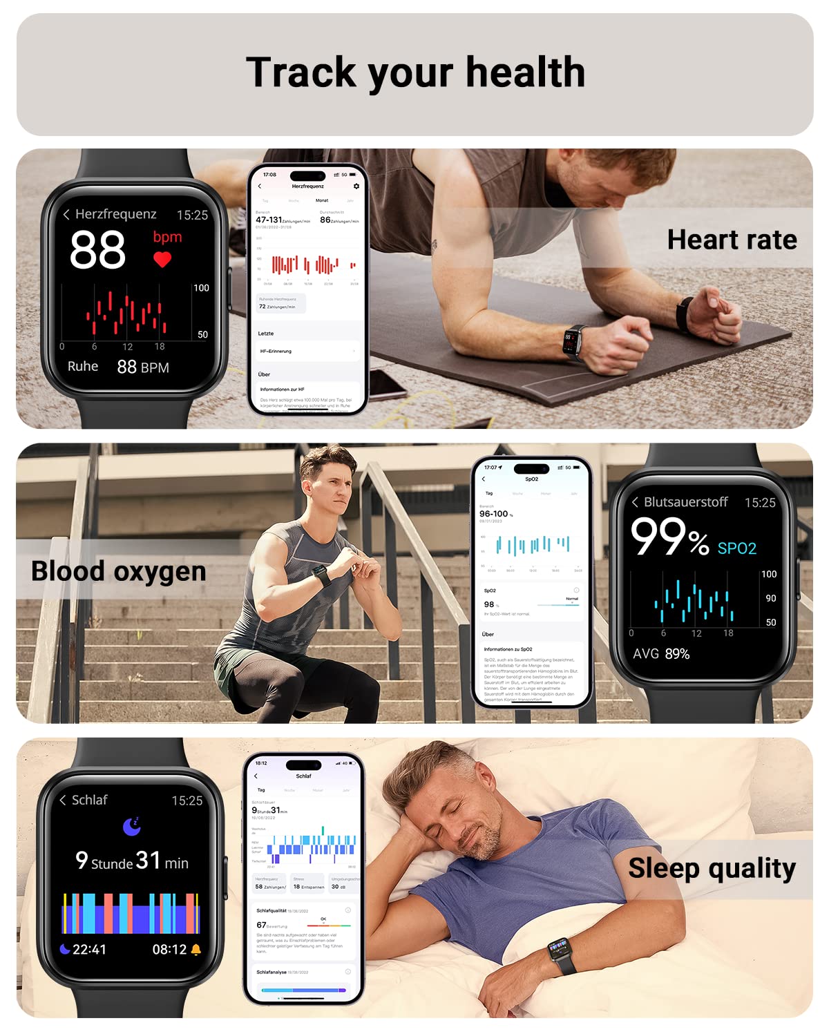 Tensky Smart Watch heart rate and SpO2 monitoring for activity awareness