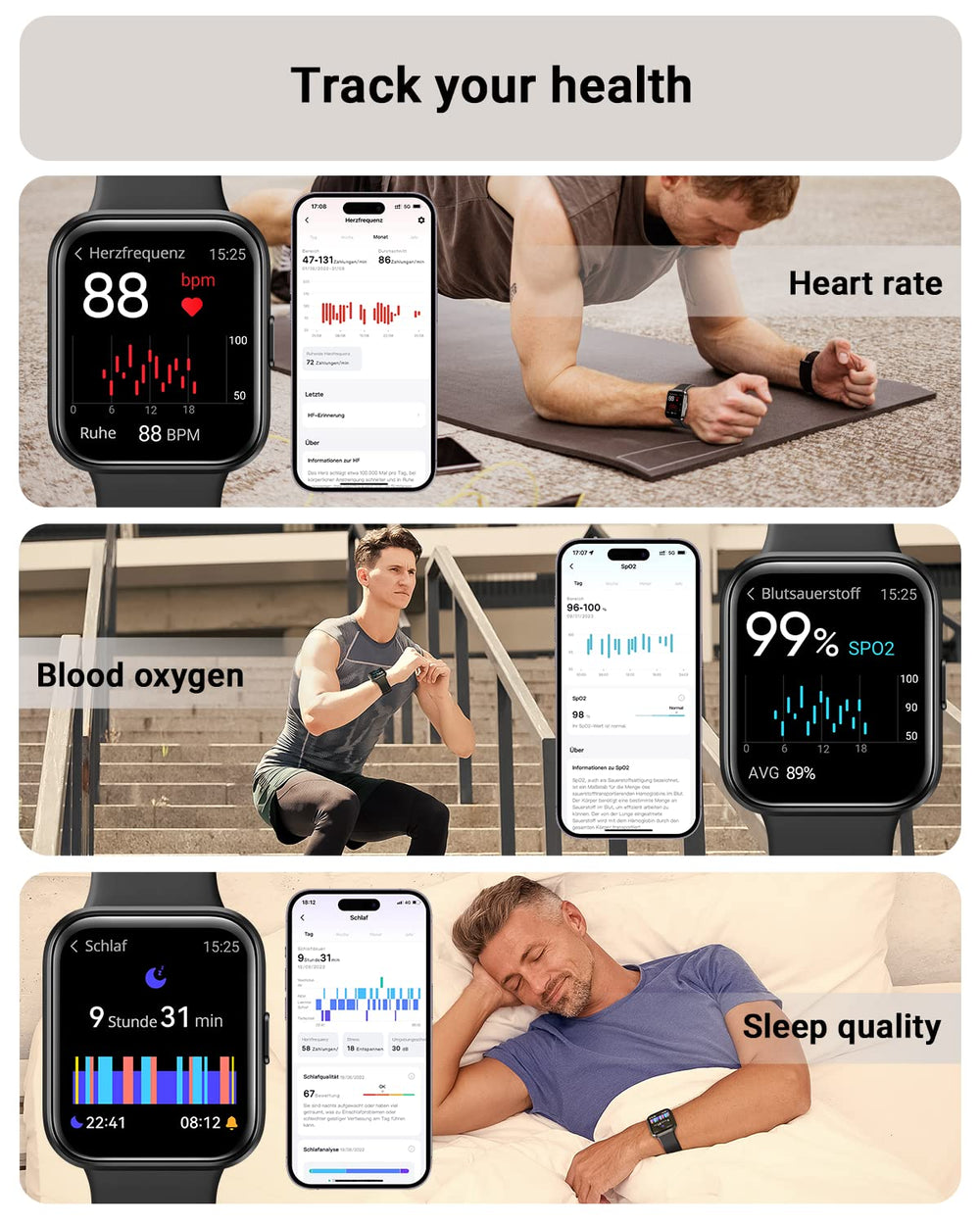 Tensky Smart Watch heart rate and SpO2 monitoring for activity awareness