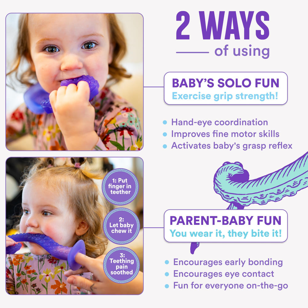 Tentacle Teether in high-contrast purple helps visual focus.