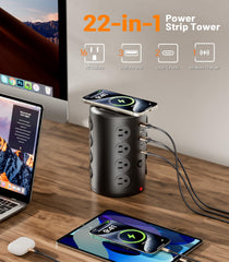 TenTrend power strip tower with 5 USB ports including 2 USB-C for versatile charging.