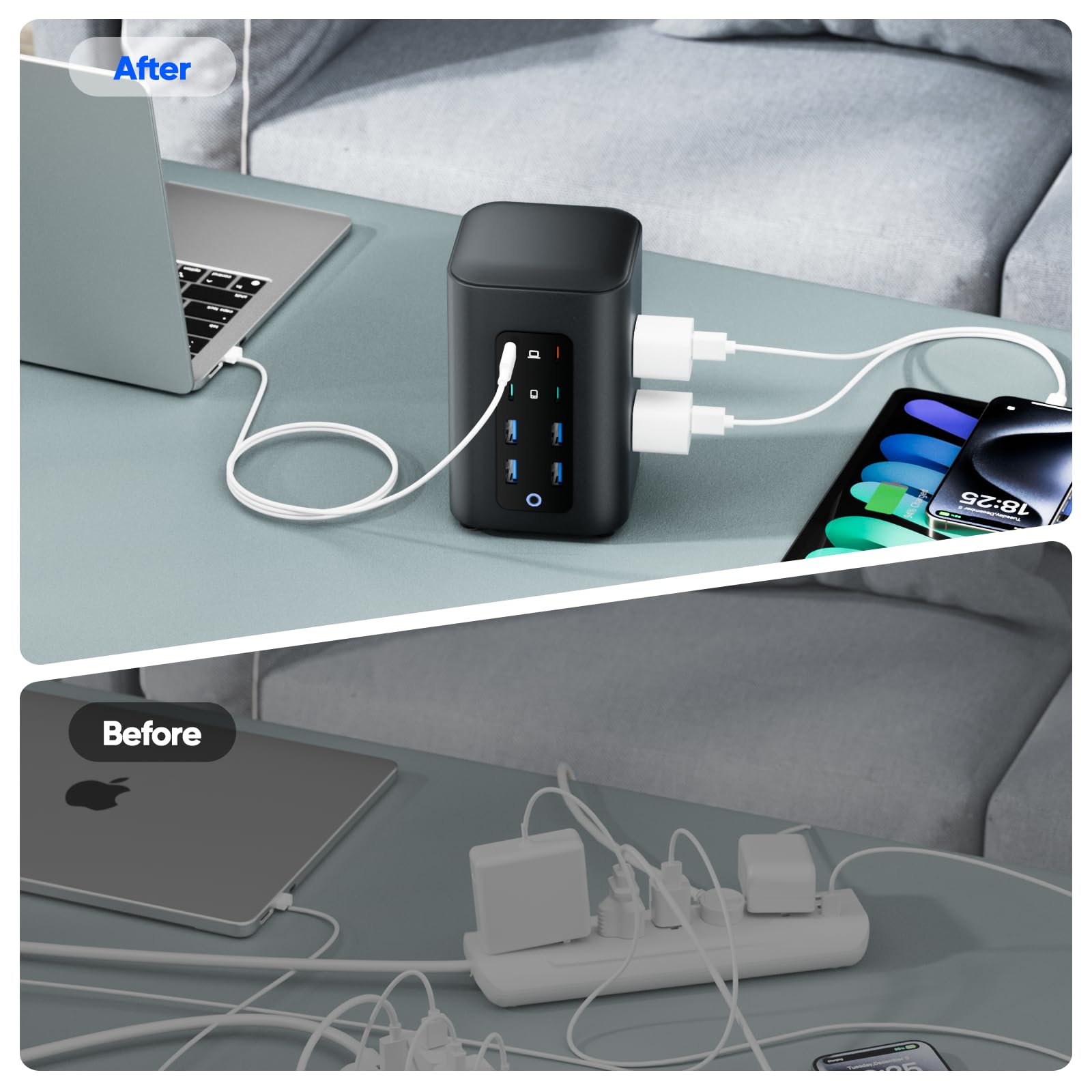 TenTrend Power Strip Tower compact dimensions in portable workspace.
