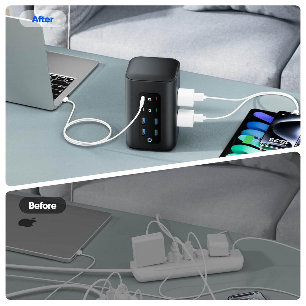 TenTrend Power Strip Tower compact dimensions in portable workspace.