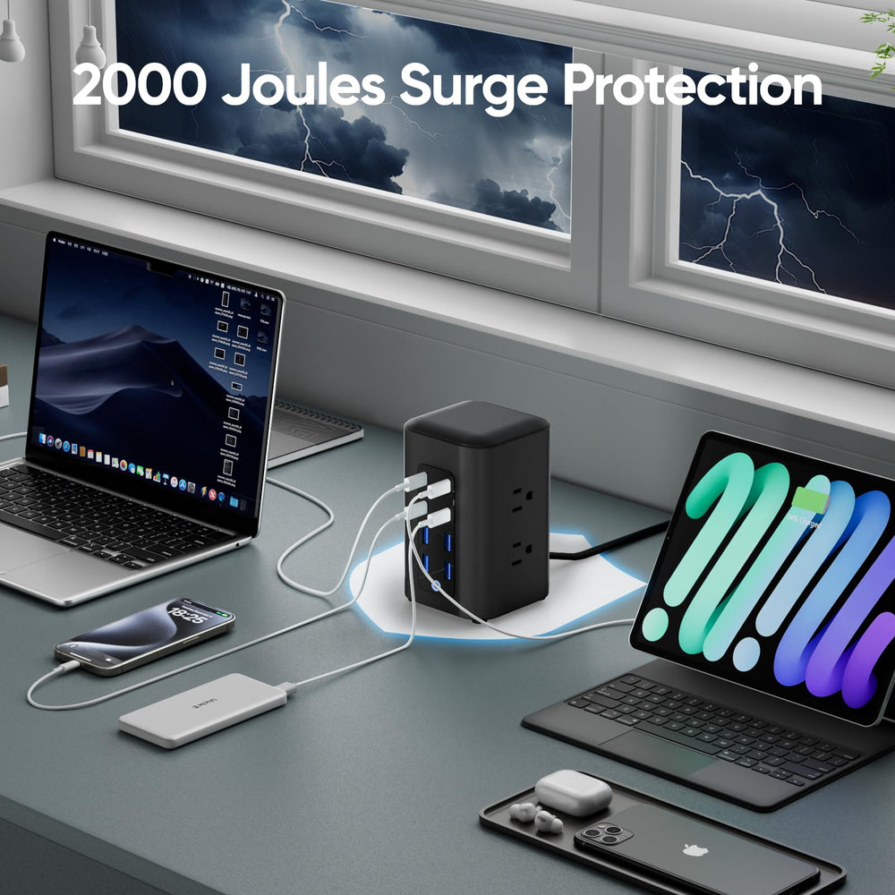 TenTrend Power Strip Tower extension cord coiled view for easy storage.