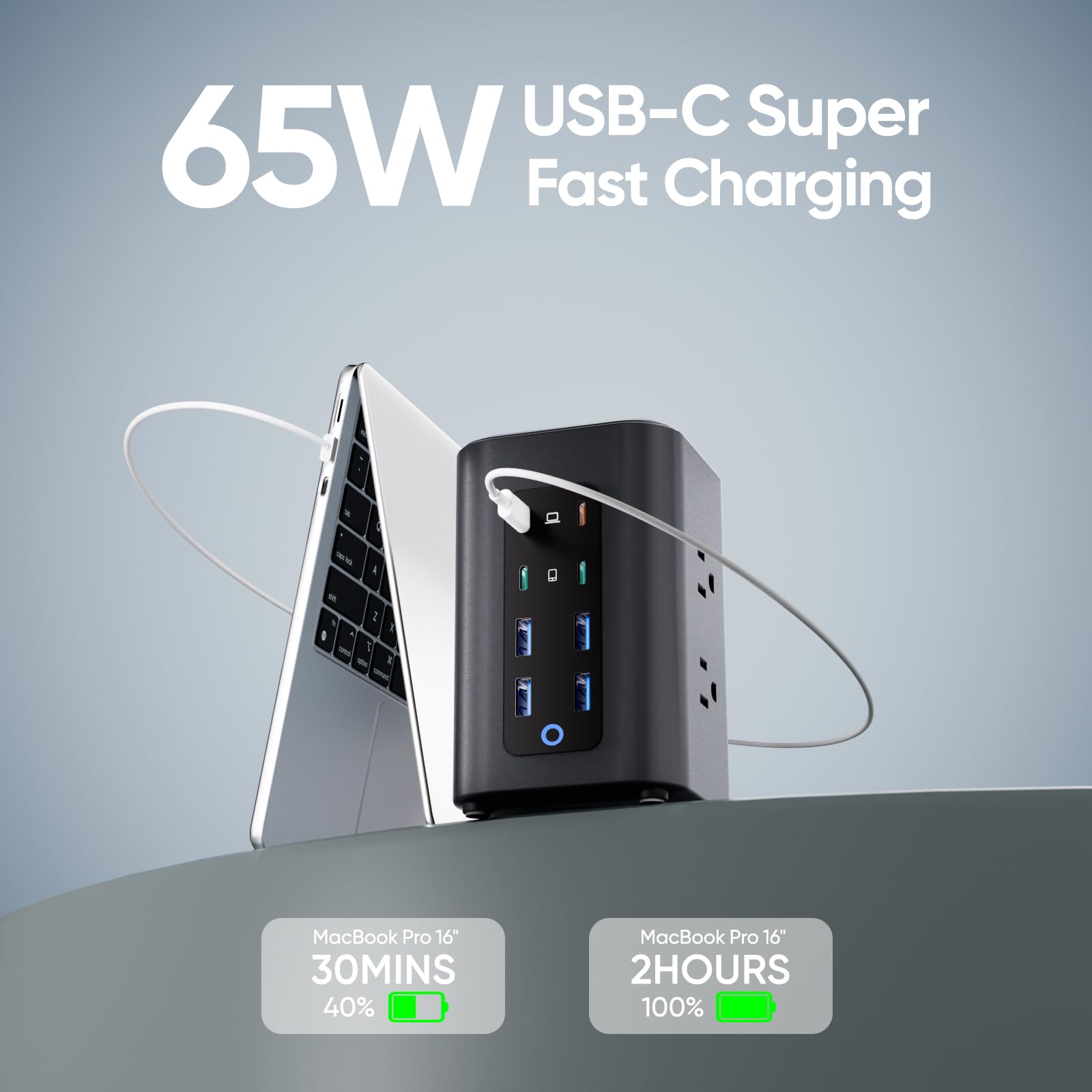 TenTrend Power Strip Tower flat plug view highlights wall-friendly design.