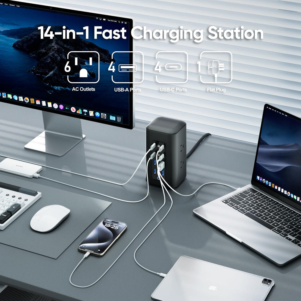TenTrend Power Strip Tower USB ports close-up highlighting 14-in-1 charging flexibility.