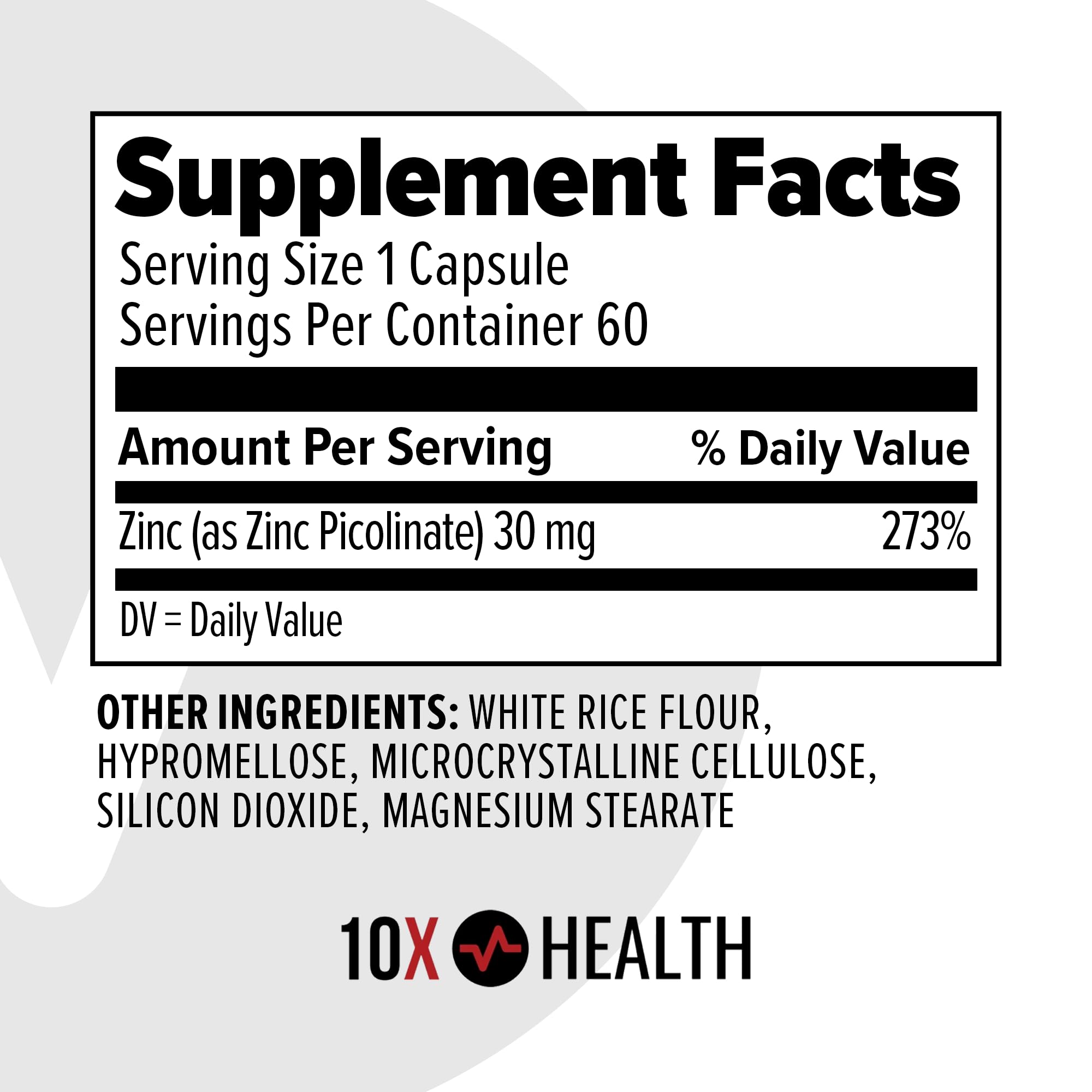 10X Health System zinc capsules closeup showing dosage and clean ingredients