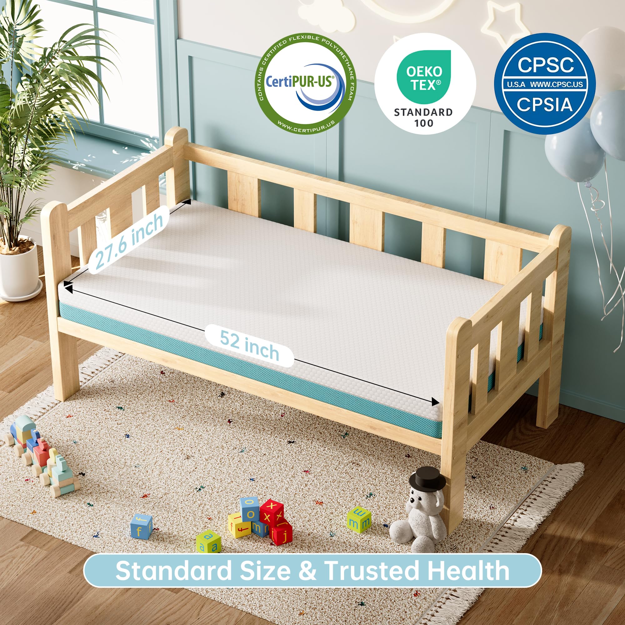 TeQsli crib mattress measures 52x27-5 inches for standard cribs