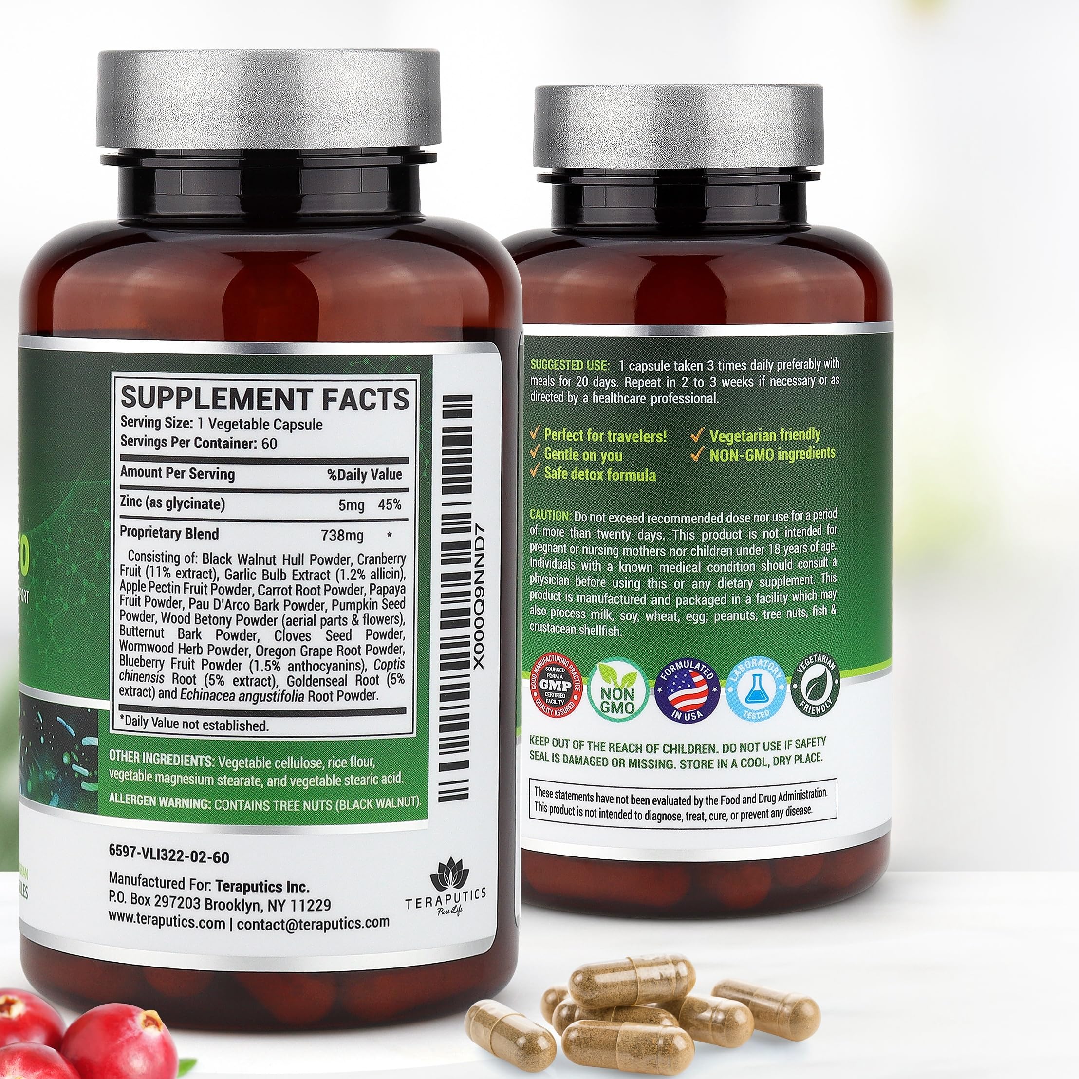 Teraputics ingredients mix highlights the natural, non-GMO herbal formula.