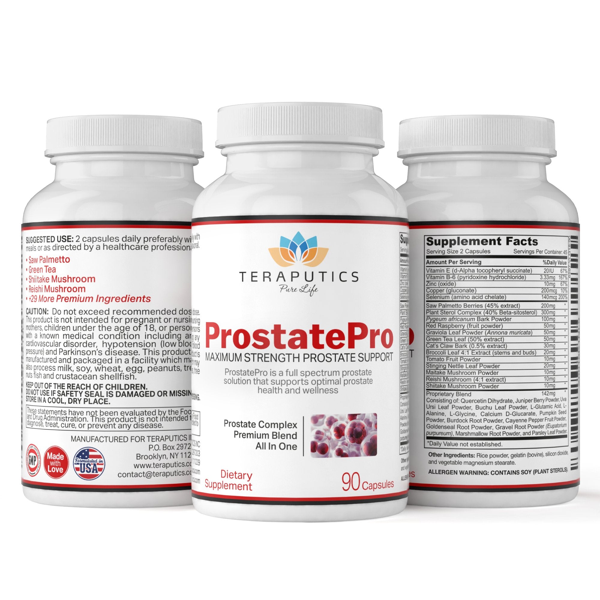 Teraputics ProstatePro 90 capsules per bottle for daily use.