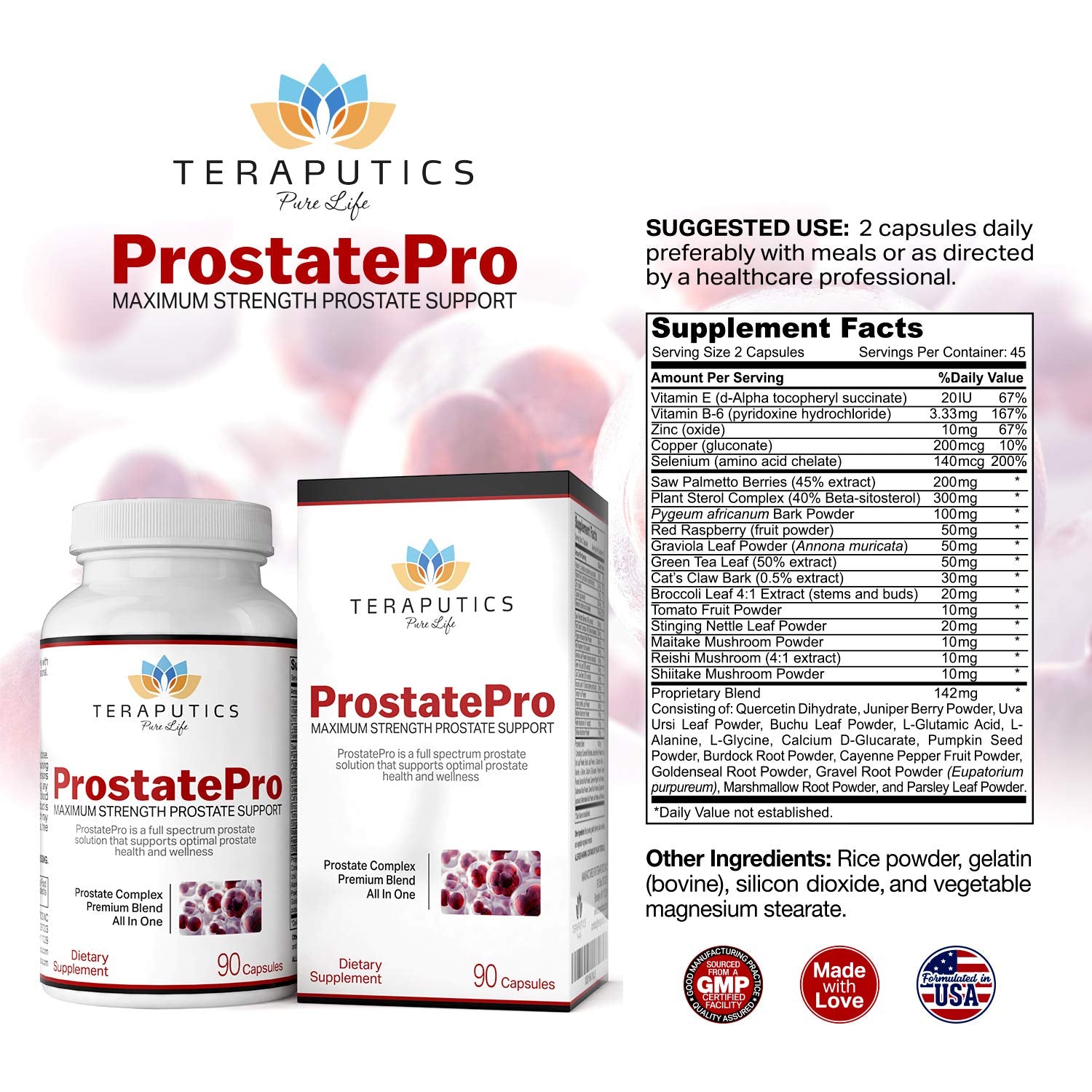Teraputics ProstatePro ingredient label highlights 33 herbs and vitamins.