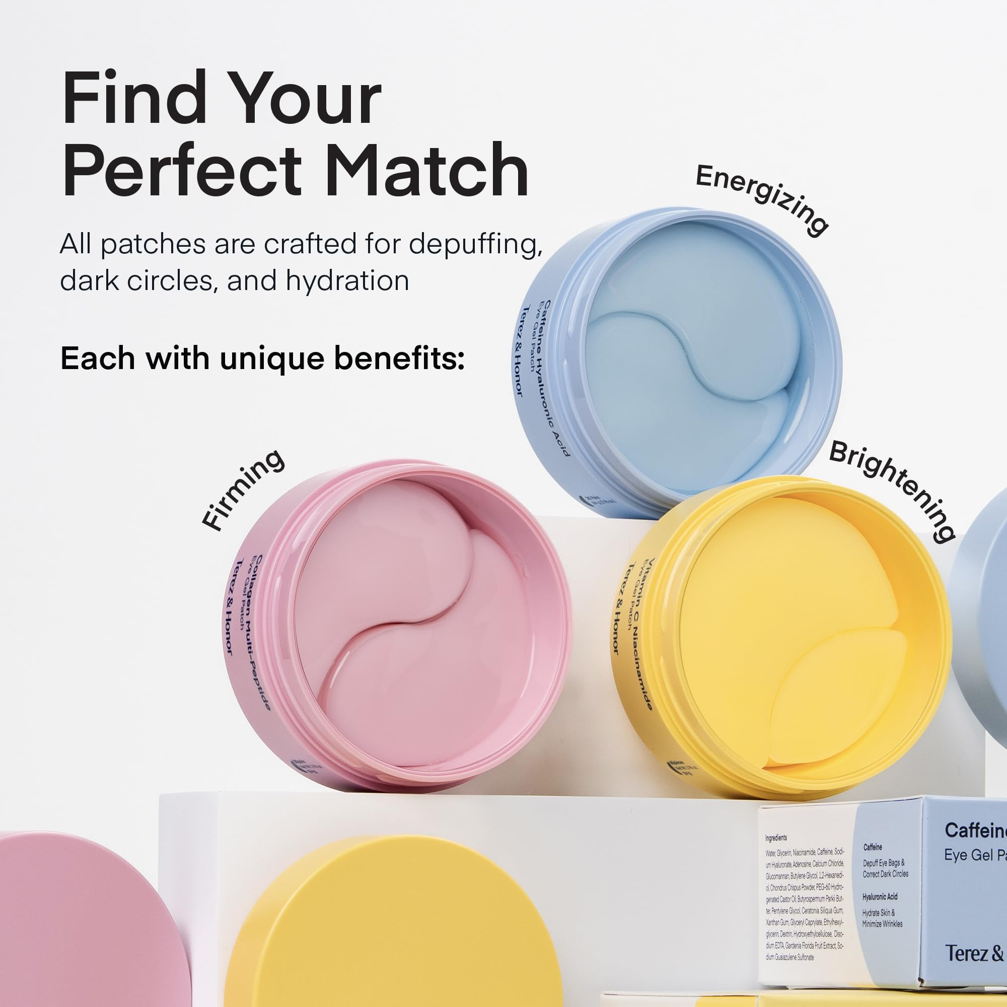 TEREZ & HONOR peptide patches enriched with niacinamide brighten under-eye area.