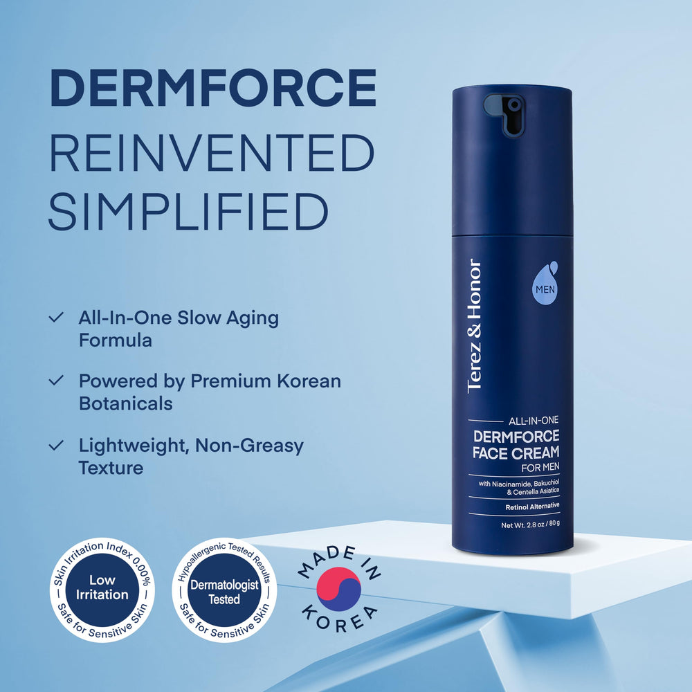 DermForce ingredient panel showing Niacinamide and Bakuchiol for texture refinement.