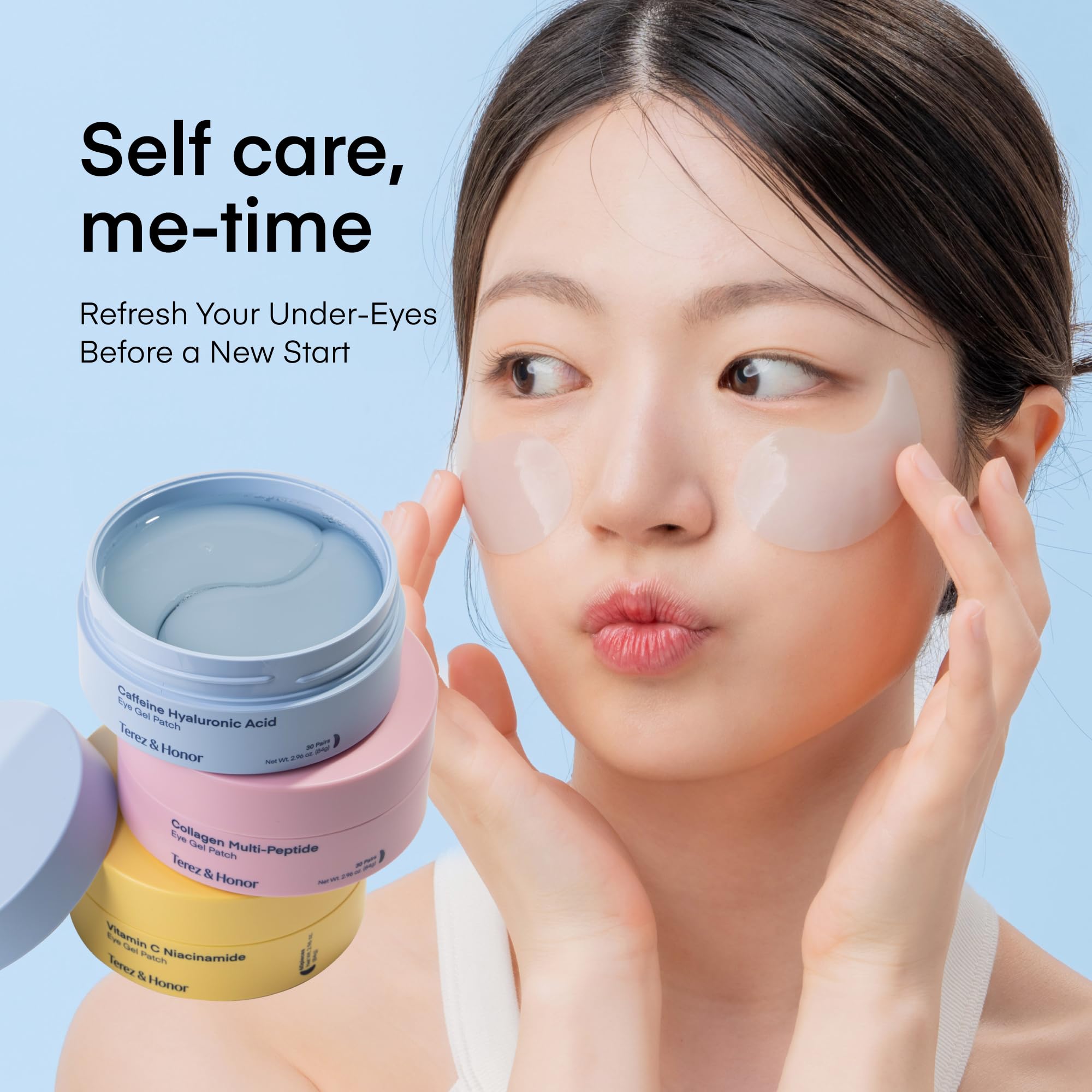 TEREZ & HONOR hyaluronic acid hydration eye patches for lasting moisture.