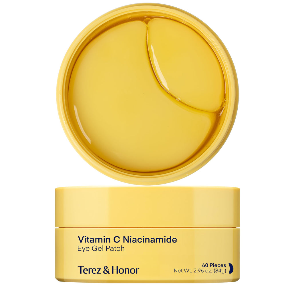 TEREZ & HONOR Vitamin C Eye Patches close-up showing brightening formula for tired eyes.