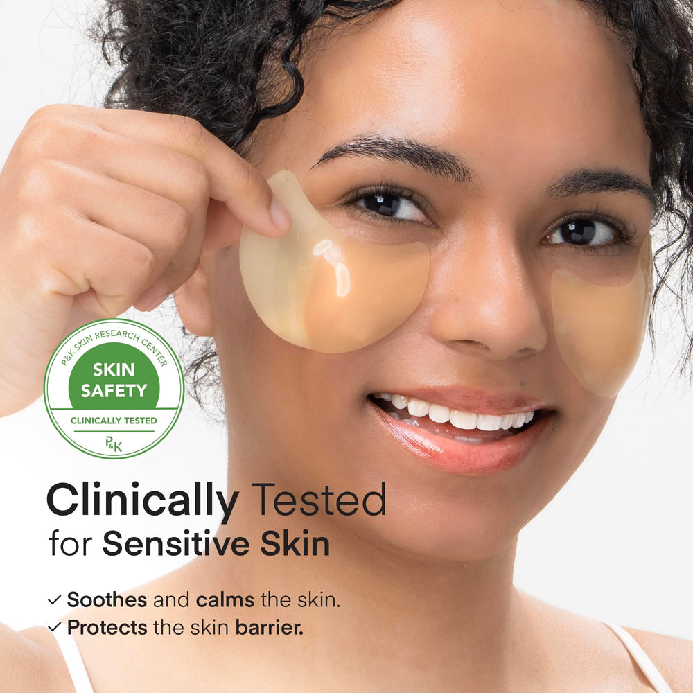 TEREZ & HONOR patches applied under eyes demonstrate hydrating and smoothing effects.