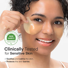TEREZ & HONOR patches applied under eyes demonstrate hydrating and smoothing effects.