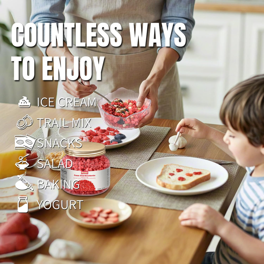 Ternio premium freeze-dried strawberries for beverages and smoothies.