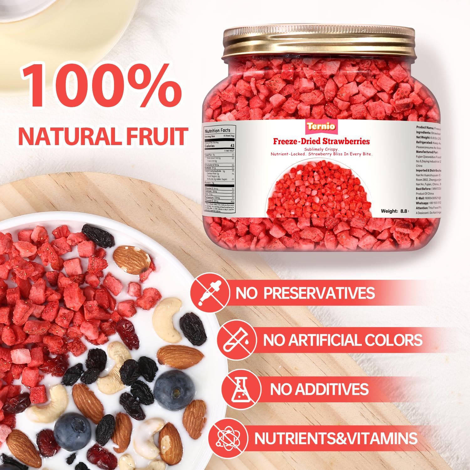 Ternio premium strawberries packaging with desiccant for freshness and storage.