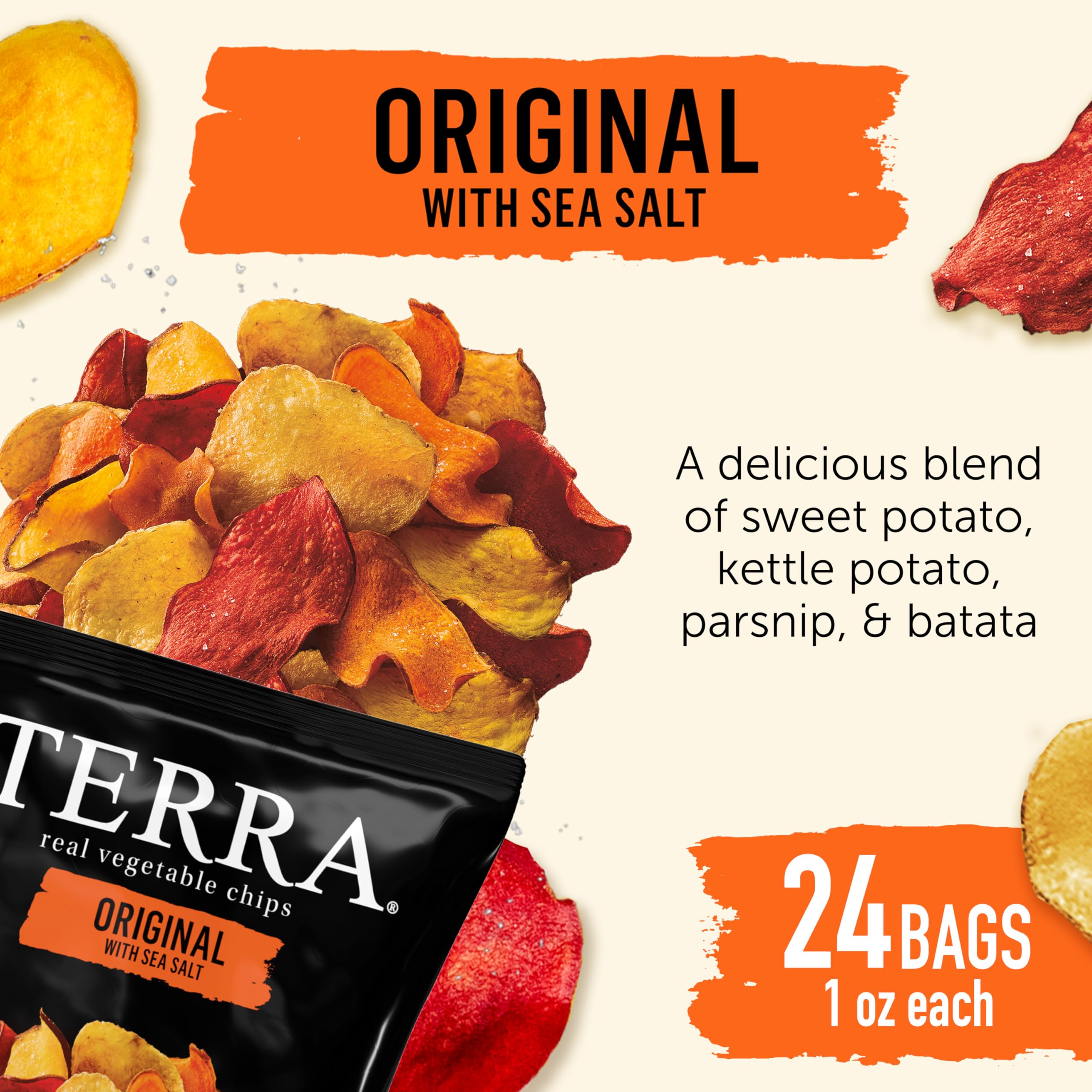 Terra Chips bulk 24-pack banner highlighting convenient lunchbox option.