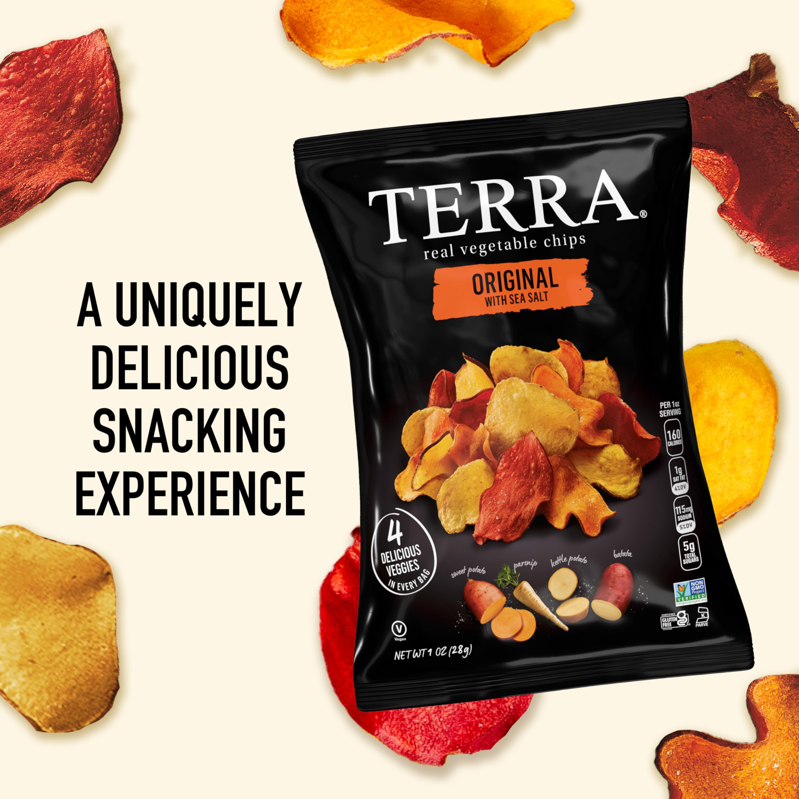 Terra Chips gluten-free vegan badge on bag emphasizes dietary fit.