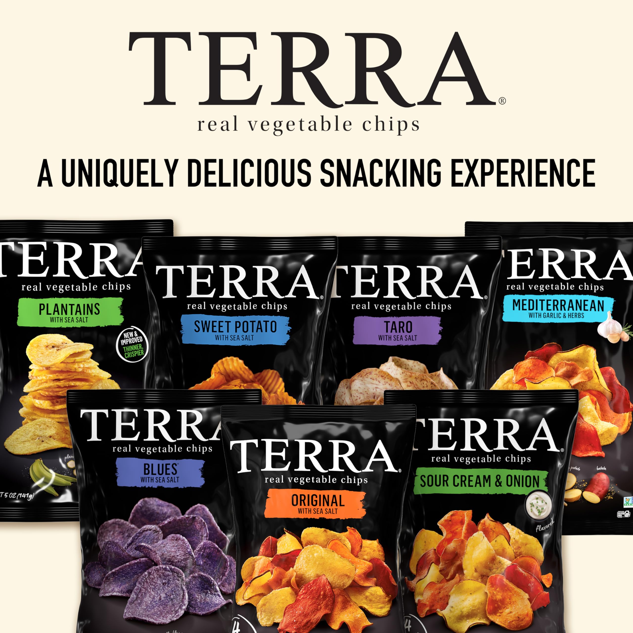 Terra Original Sea Salt chips ready to enjoy as a quick snack.