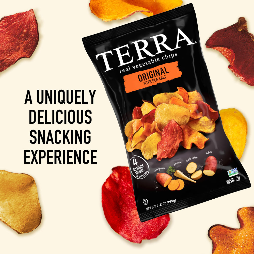 Terra Original Sea Salt chips spill to reveal crackle and color for satisfying snacking.