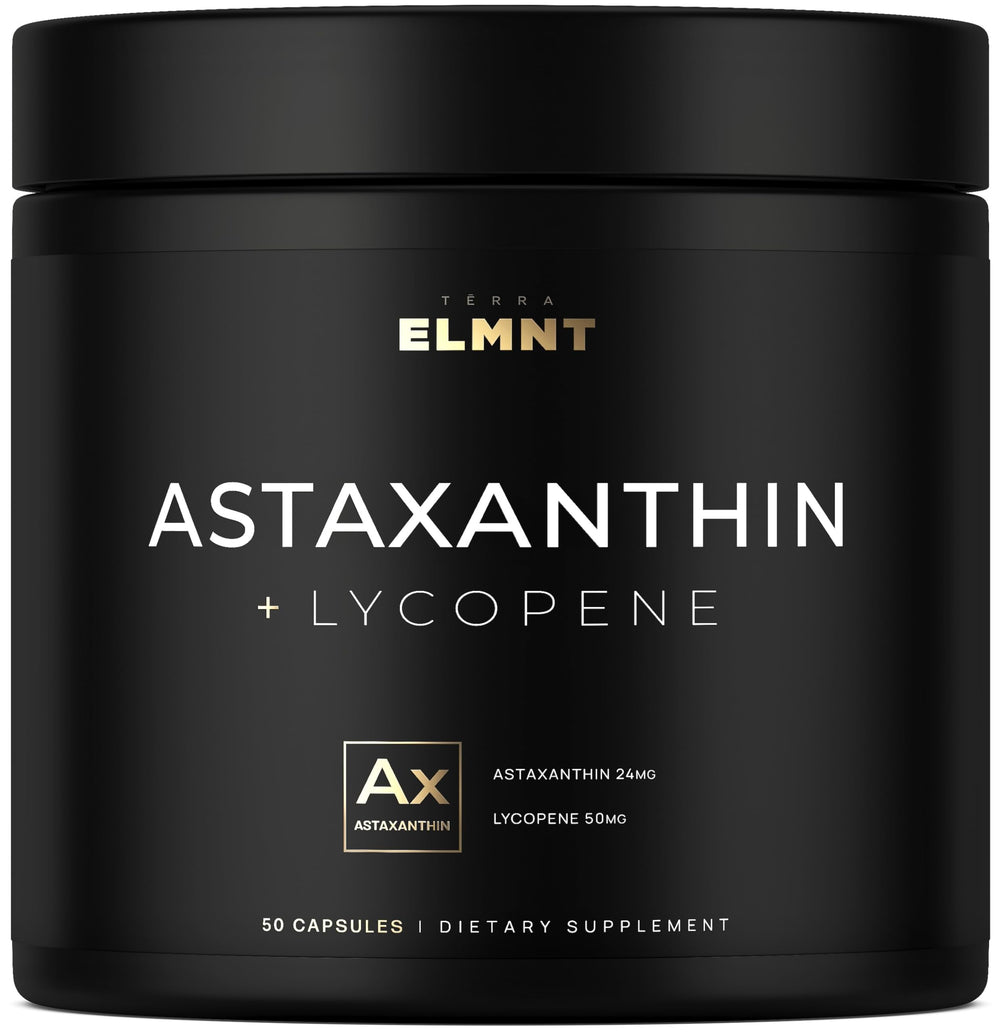 Terra Elmnt Astaxanthin 24mg bottle promotes vibrant skin tone.