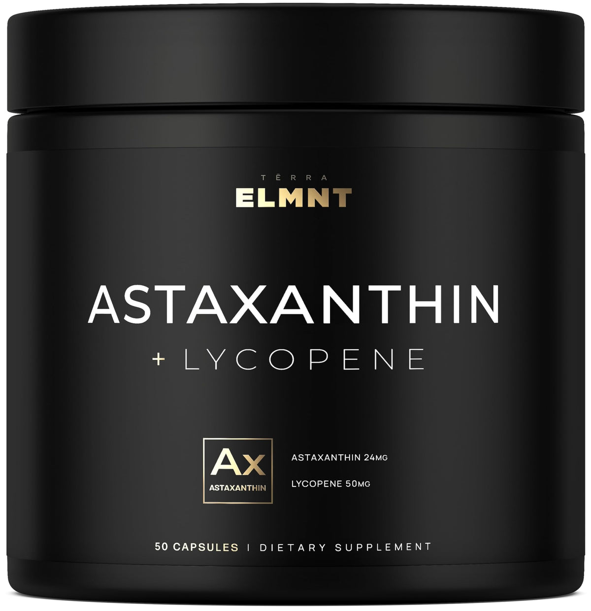 Terra Elmnt Astaxanthin 24mg bottle promotes vibrant skin tone.