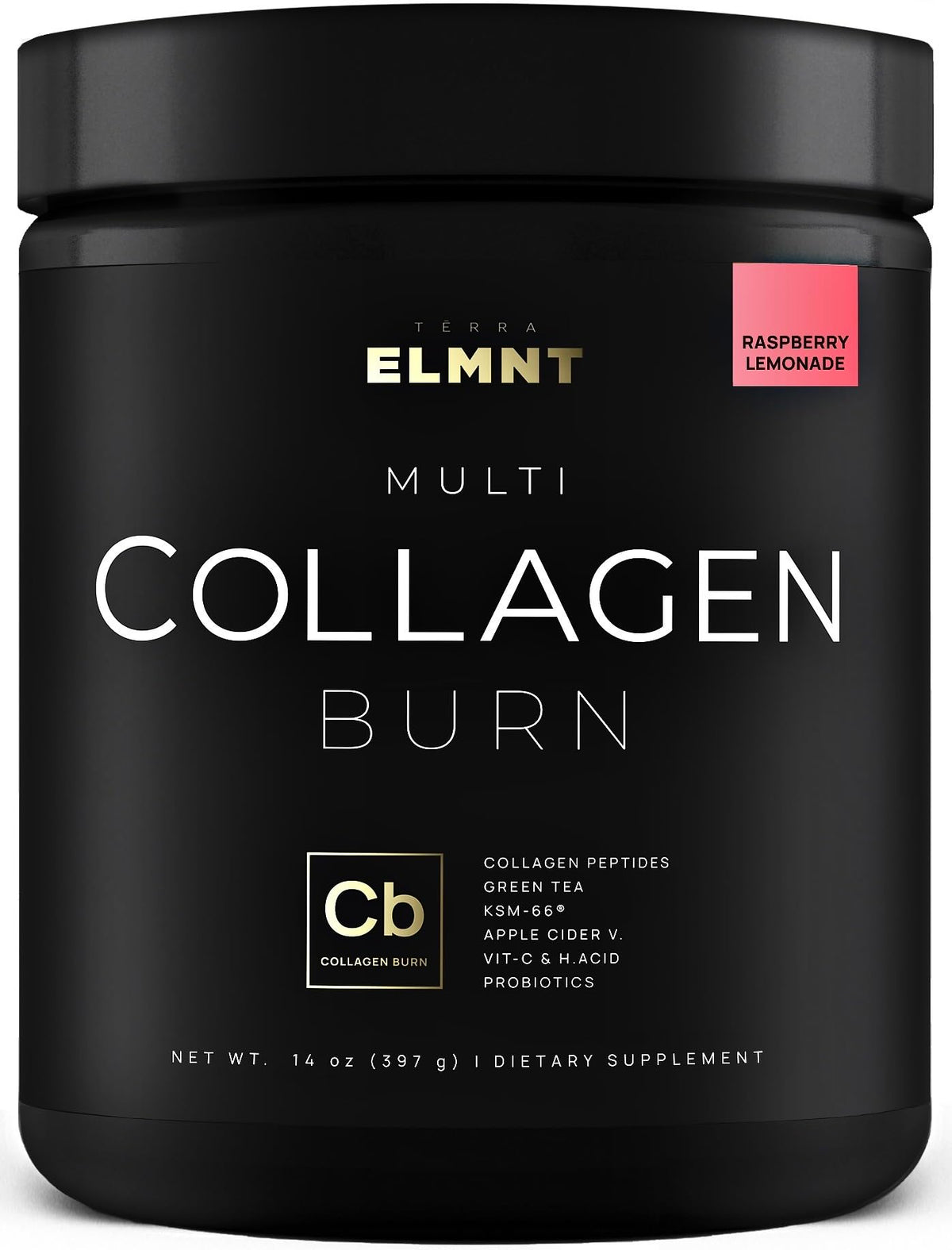 Terra Elmnt ELMNT Burn bottle front showing premium collagen blend for skin and weight support