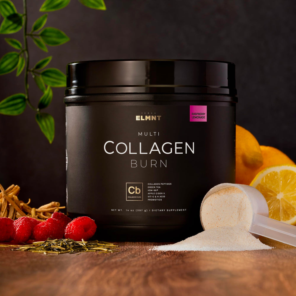 Terra Elmnt ELMNT Burn tub label highlights multi-collagen blend and nutrition