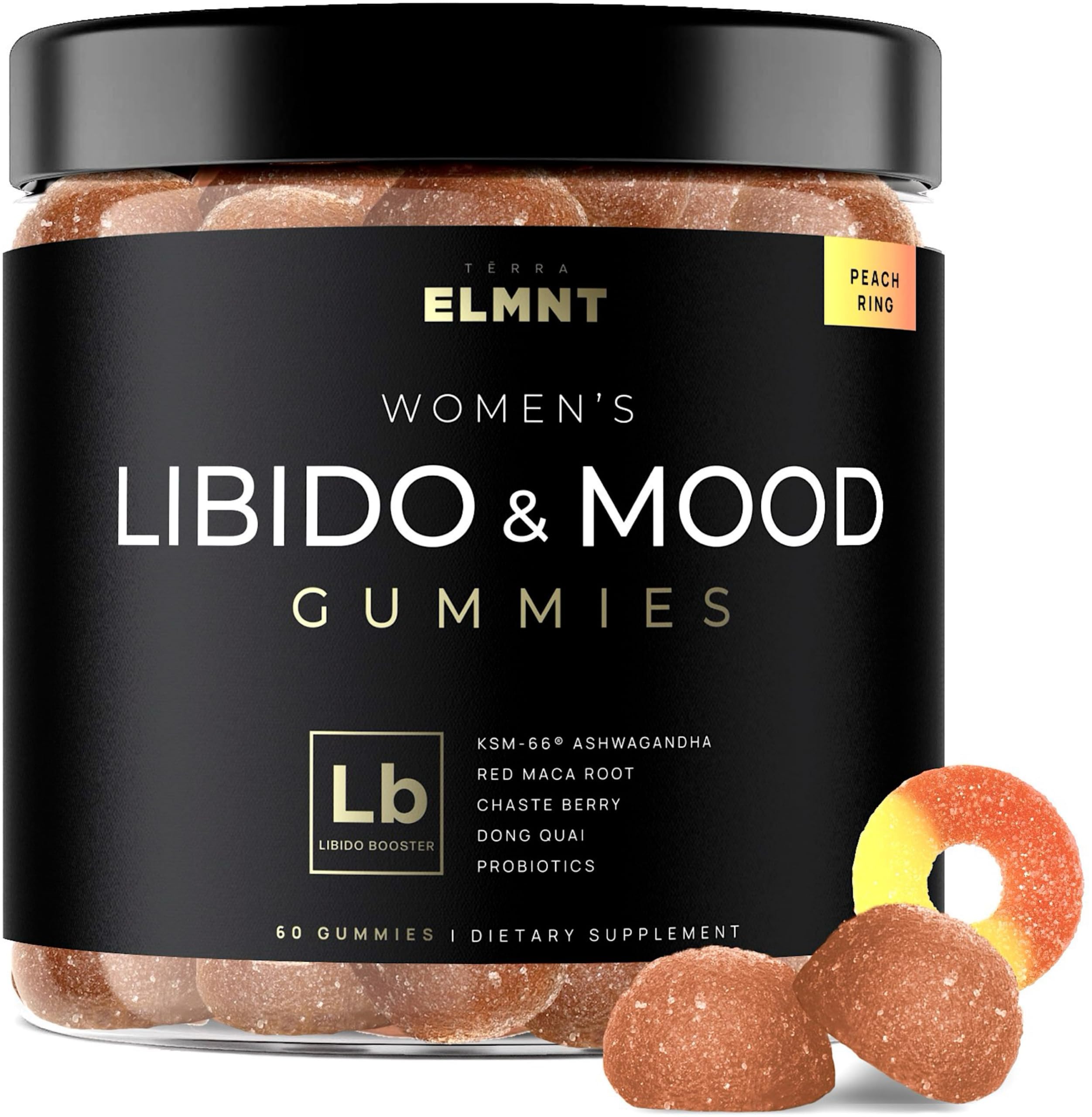 Terra Elmnt Libido Gummies for Women with Ashwagandha bottle pour; supports mood and desire.
