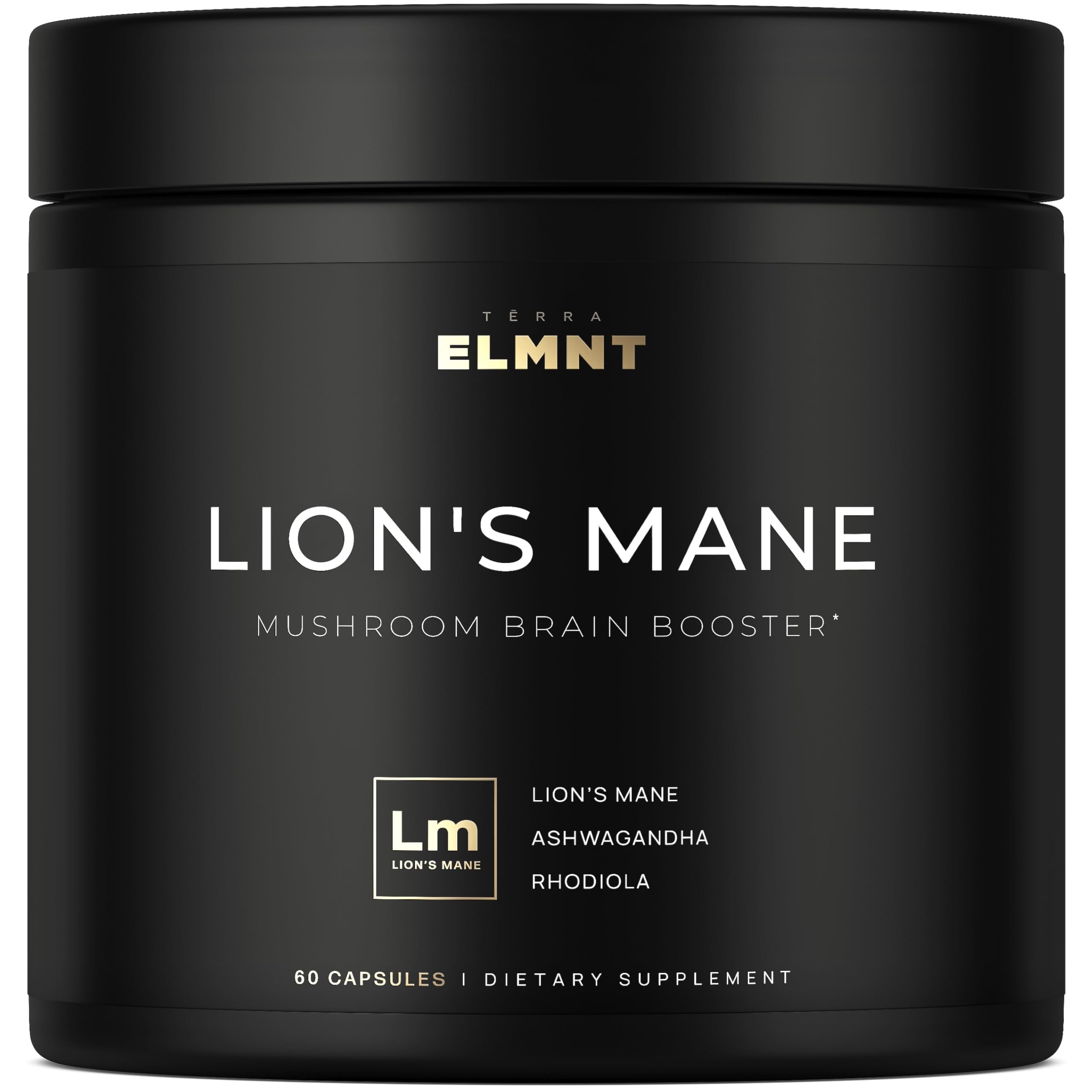 Terra Elmnt Lions Mane 16x strength capsule on bottle—focus-ready nootropic.