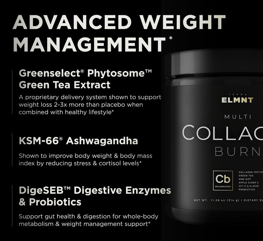 TERRA ELMNT Collagen Burn beside glass of water for a simple daily routine