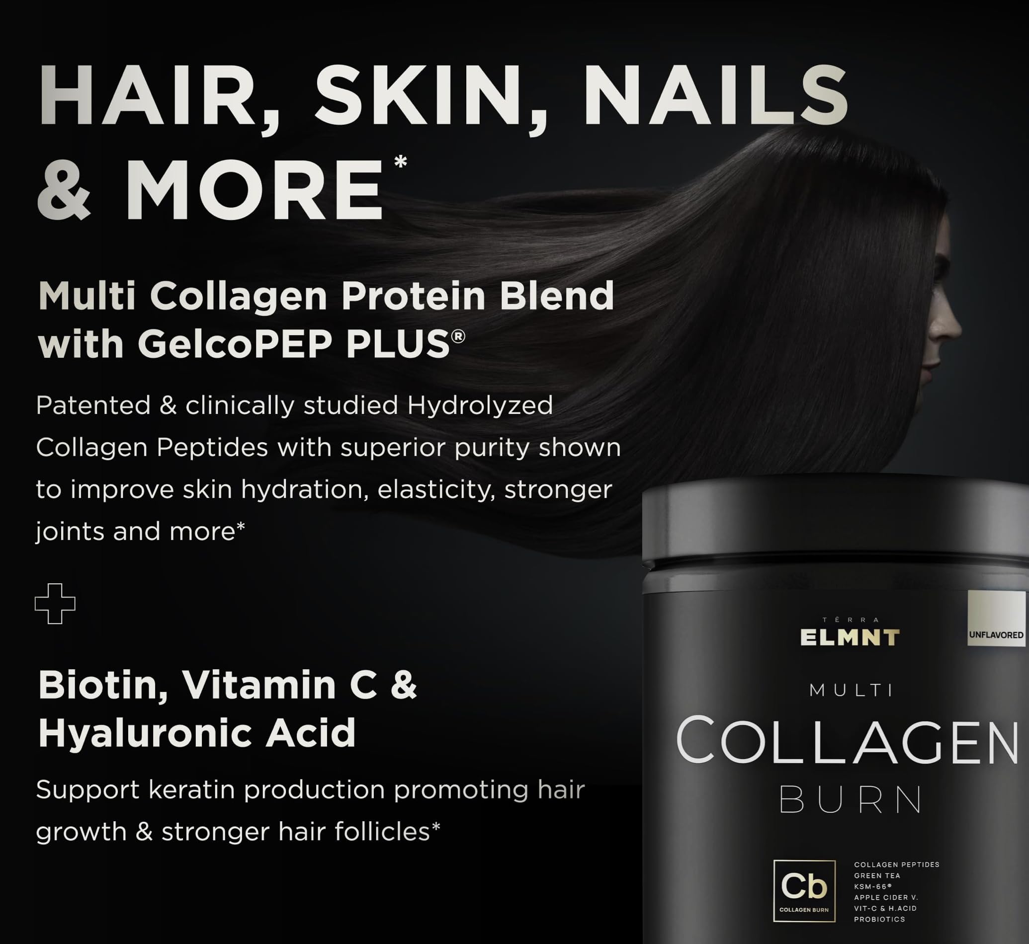 TERRA ELMNT Collagen Burn packaging highlighting probiotics and enzymes for gut support