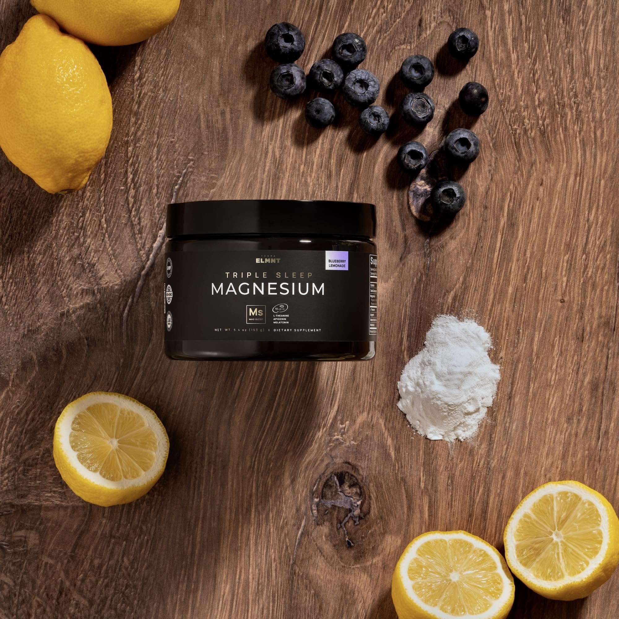 Terra Elmnt Triple Sleep packaging highlights L-Theanine and Apigenin for relaxation.