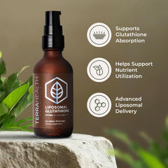 Terra Health Essentials liposomal glutathione label closeup shows clear ingredients.