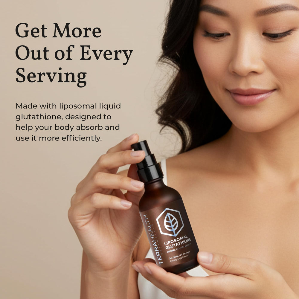 Terra Health Essentials liposomal glutathione liquid pour demonstrates convenient dosing.