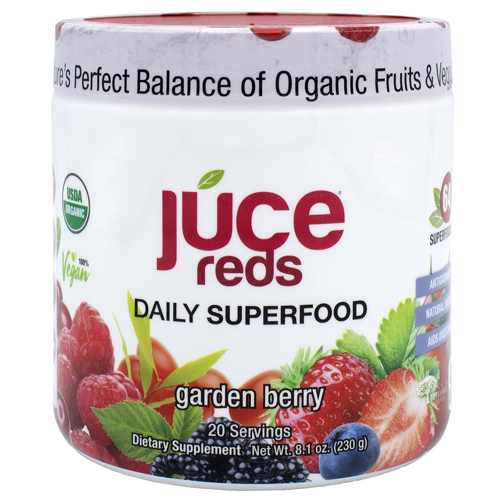 Terra Kai JUCE Reds tub front showing garden berry flavor for daily greens.