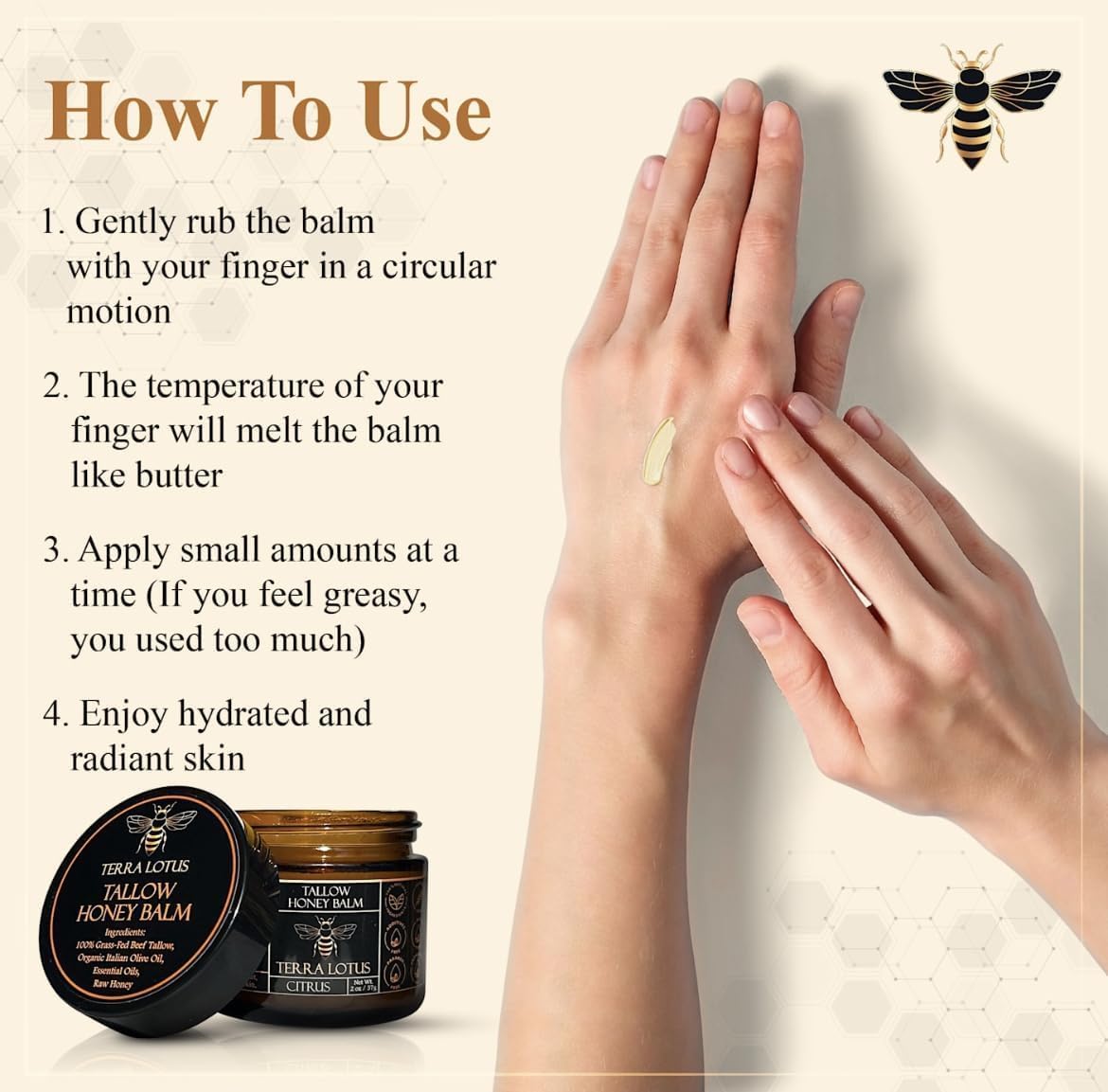 Terra Lotus balm used on hands and face demonstrating all-skin moisture.