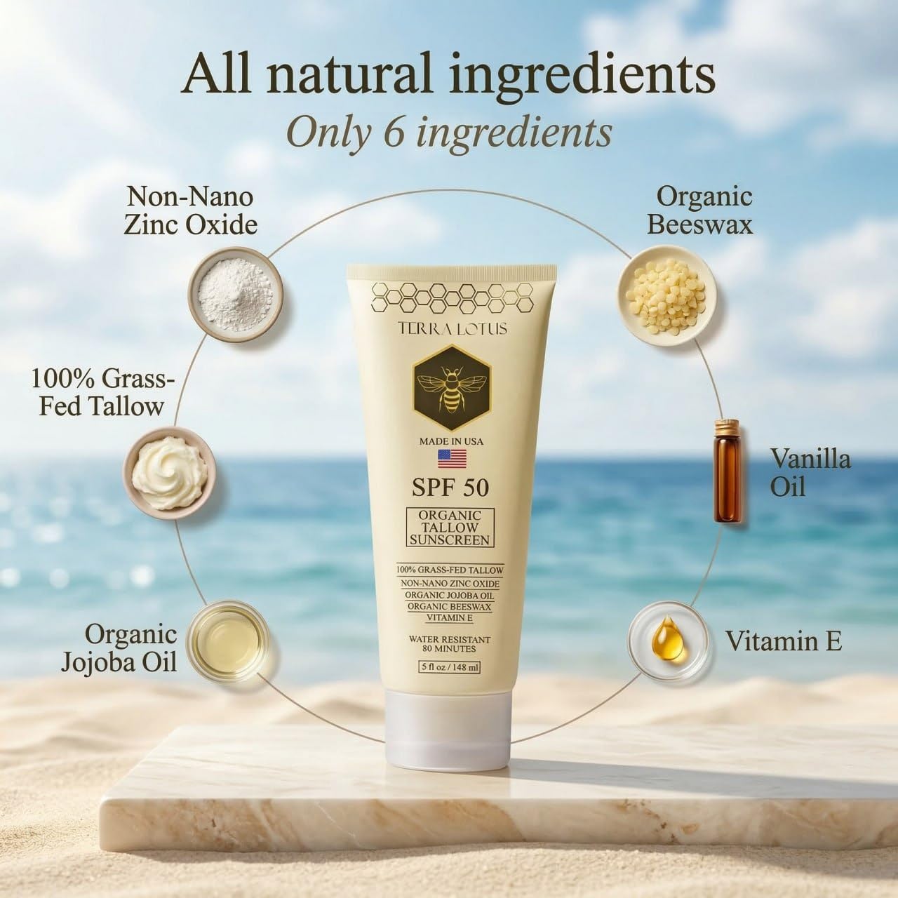 Terra Lotus mineral sunscreen bottle close-up highlighting non-nano zinc oxide protection.