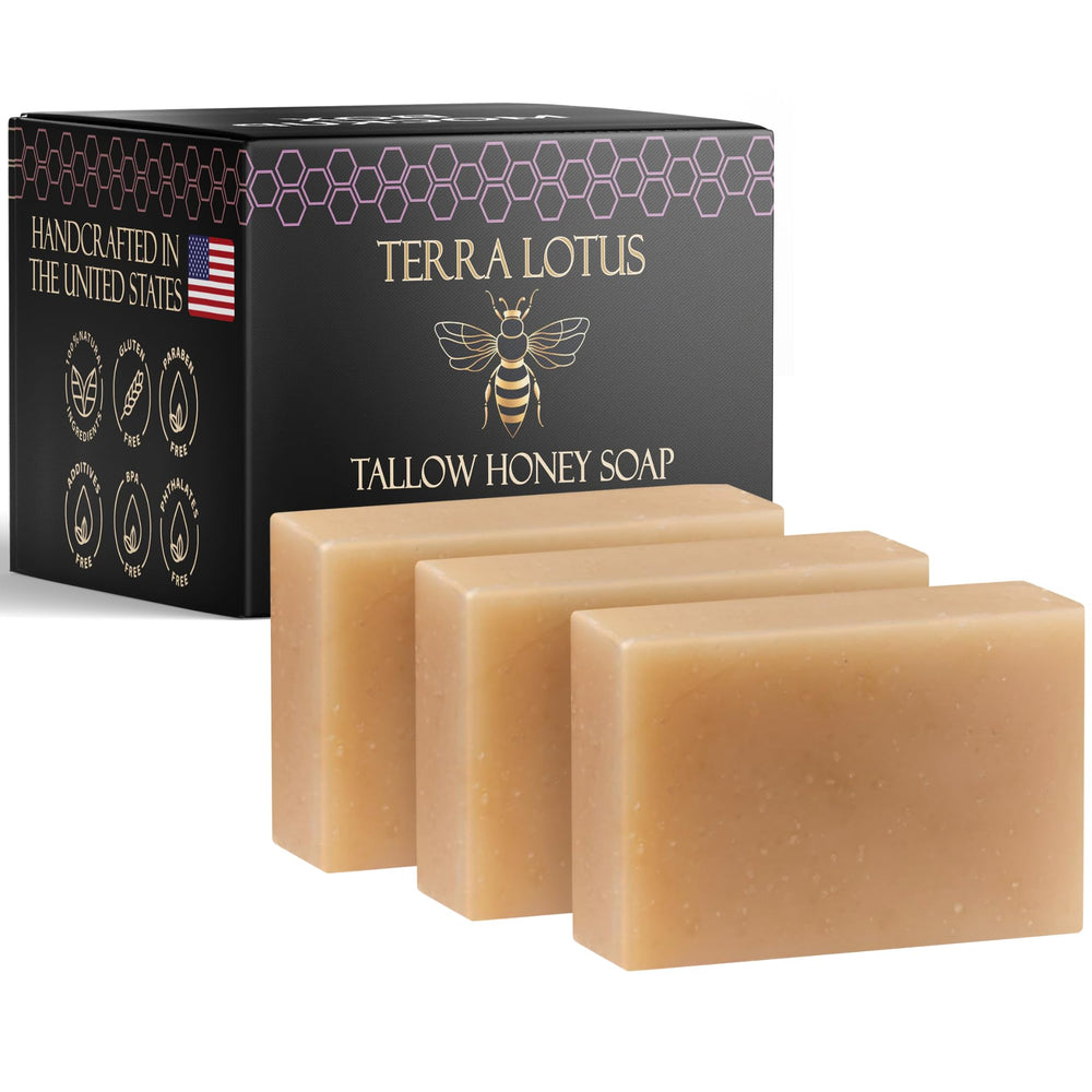 Terra Lotus Lavender tallow soap 3-pack showing gentle cleansing and lavender scent.