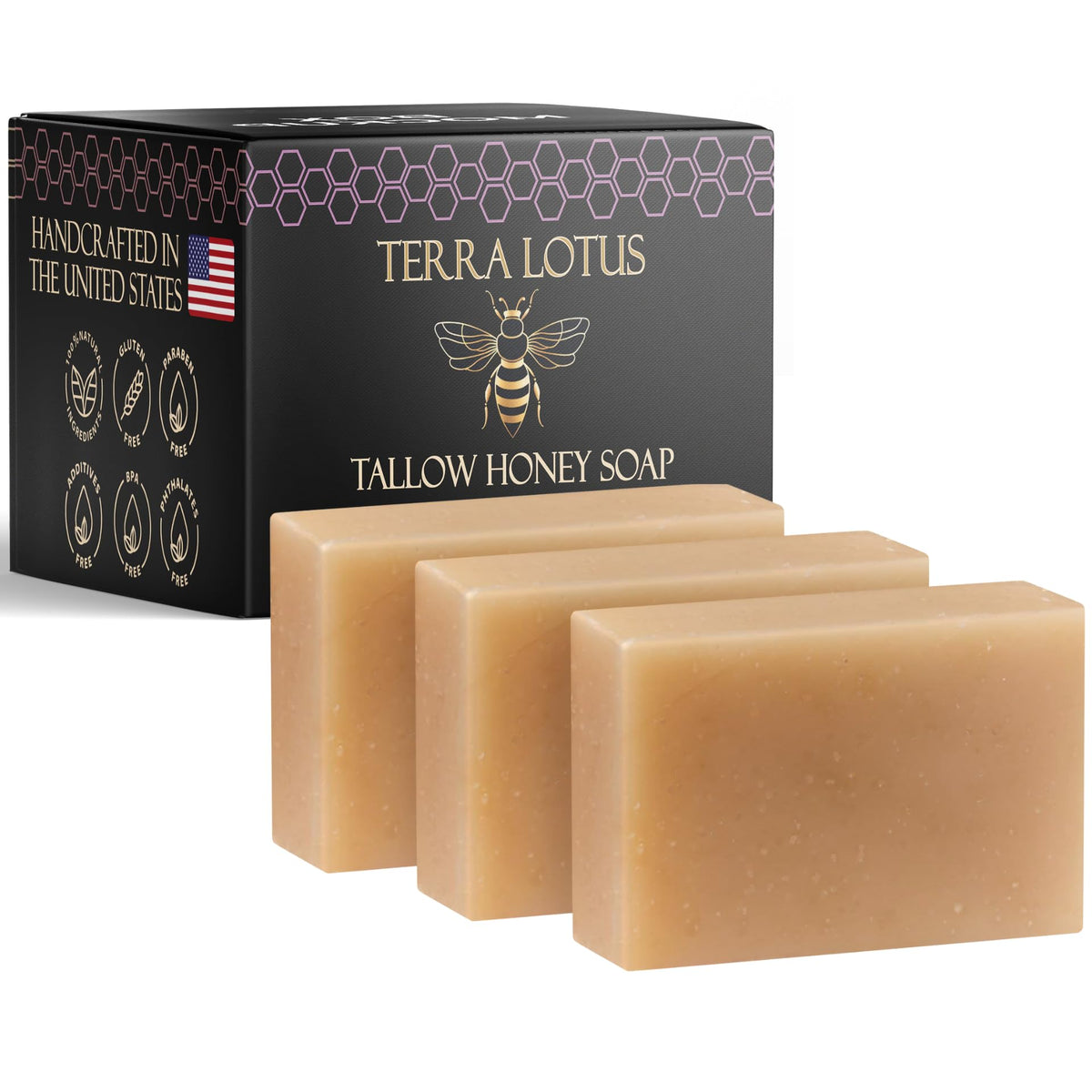 Terra Lotus Lavender tallow soap 3-pack showing gentle cleansing and lavender scent.