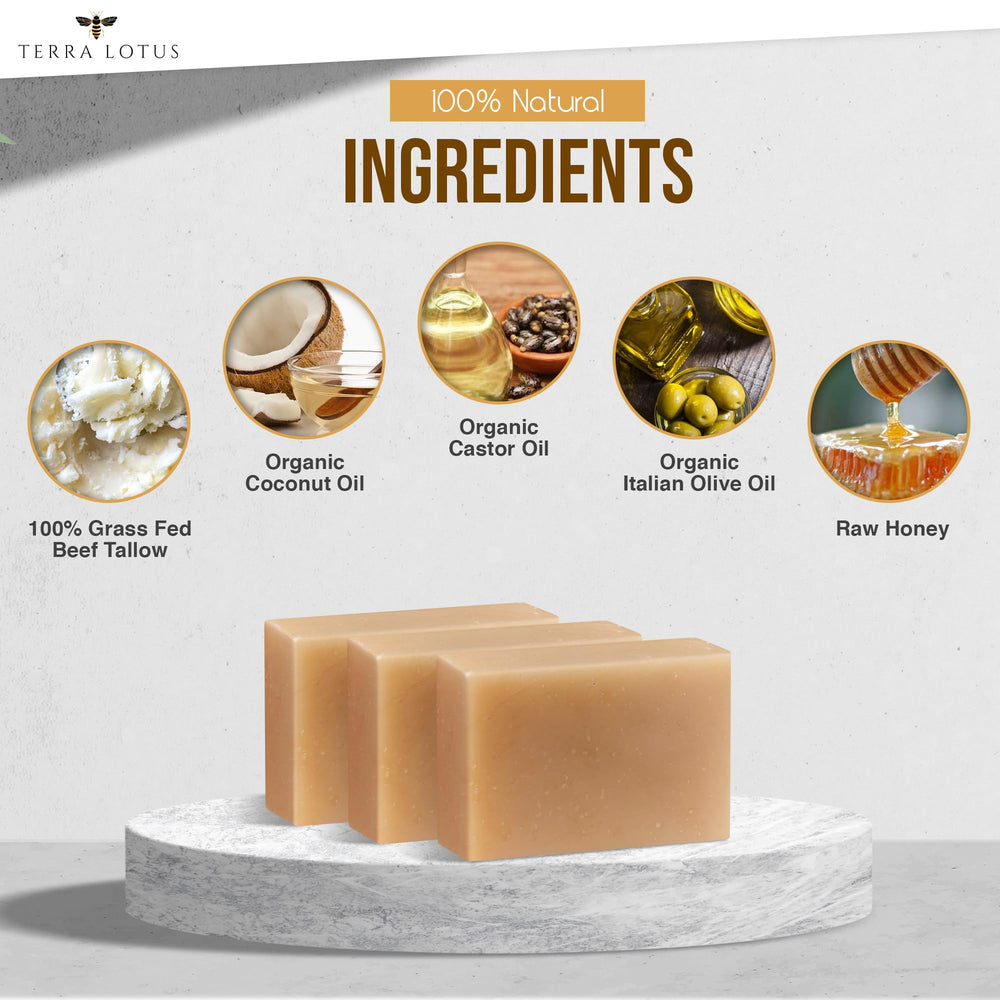 Terra Lotus tallow soap with raw honey ingredients; nourishing and antioxidant-rich