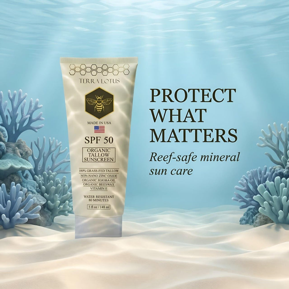 Terra Lotus zinc oxide label highlights reef-safe mineral protection.