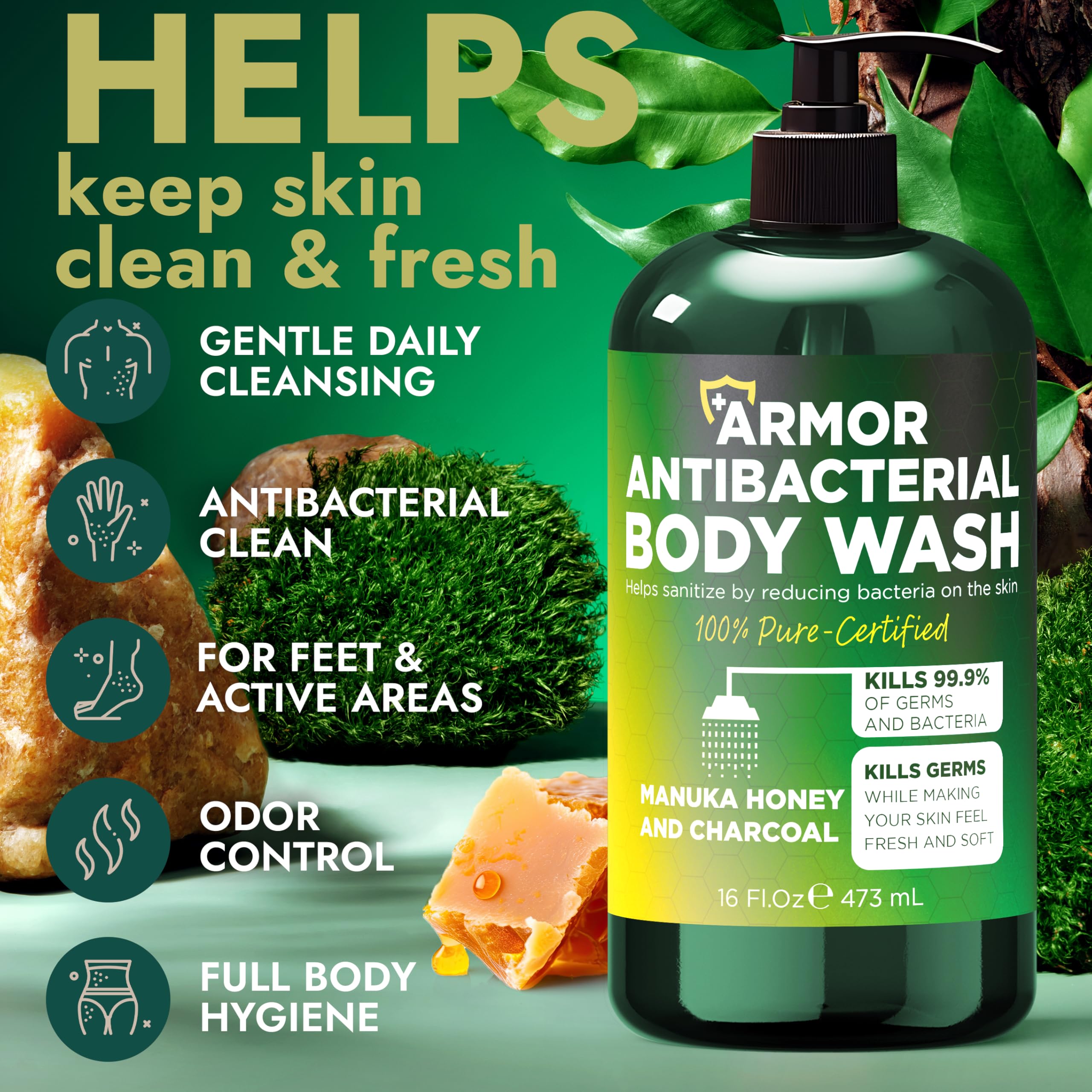 Terramed Just Think Comfort antibacterial body wash lather creating a refreshing cleanse.
