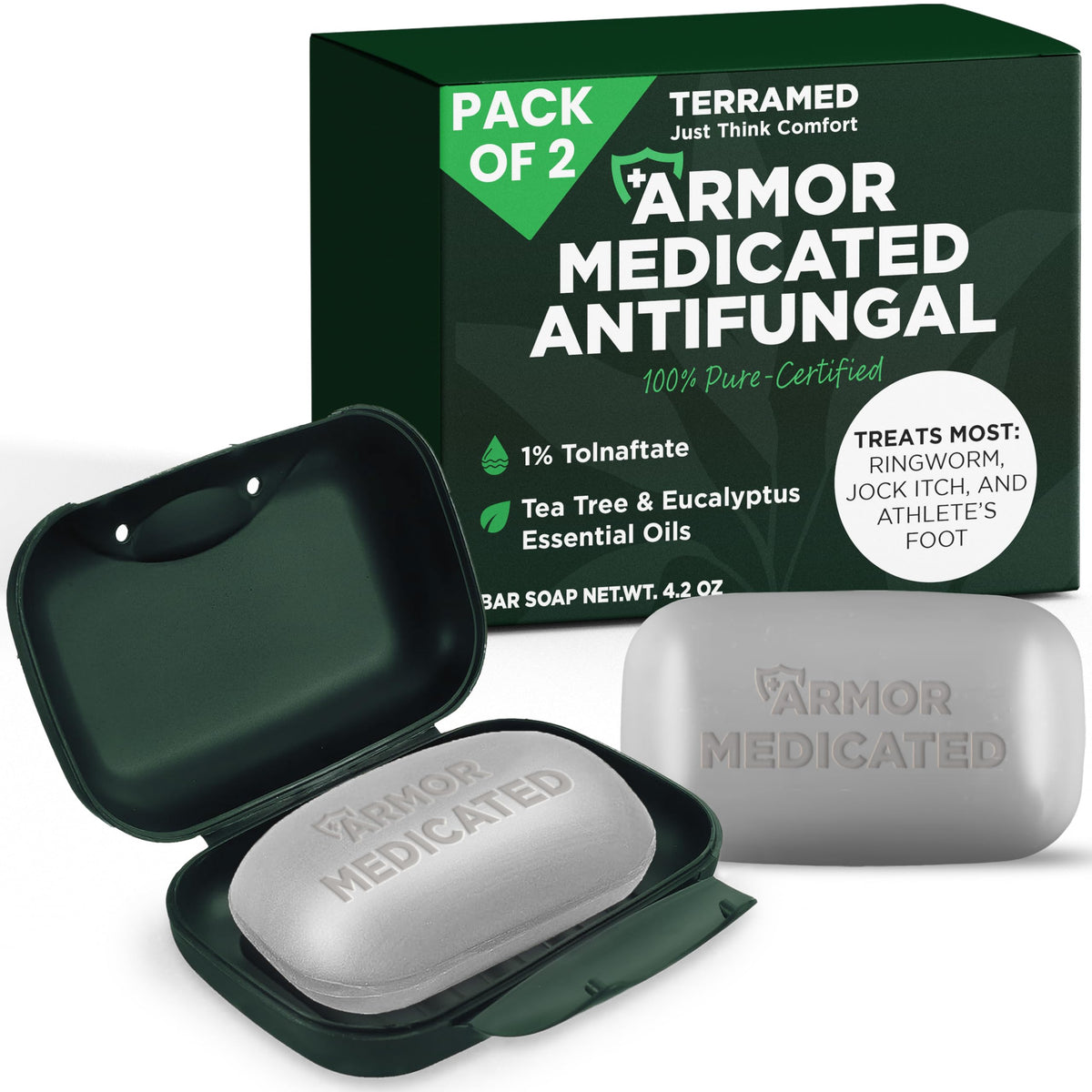 Terramed Just Think Comfort antifungal soap pack 2 for daily cleansing and fungal relief.