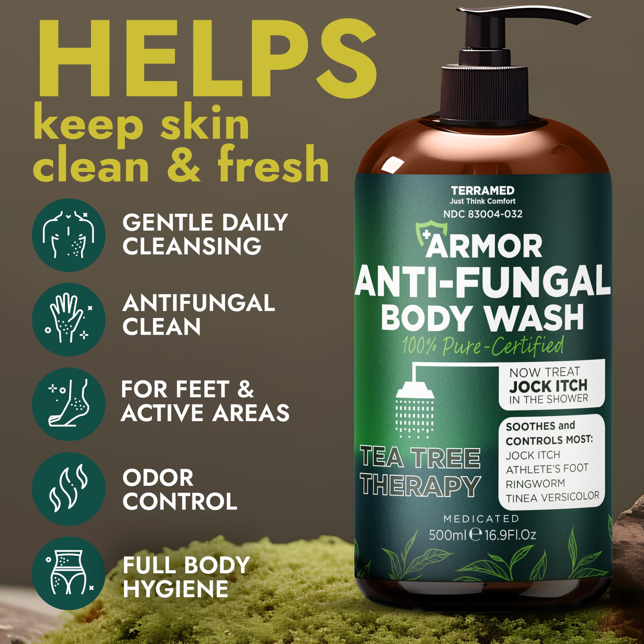 Terramed Just Think Comfort tea tree wash foam for gentle cleansing and cooling feel.